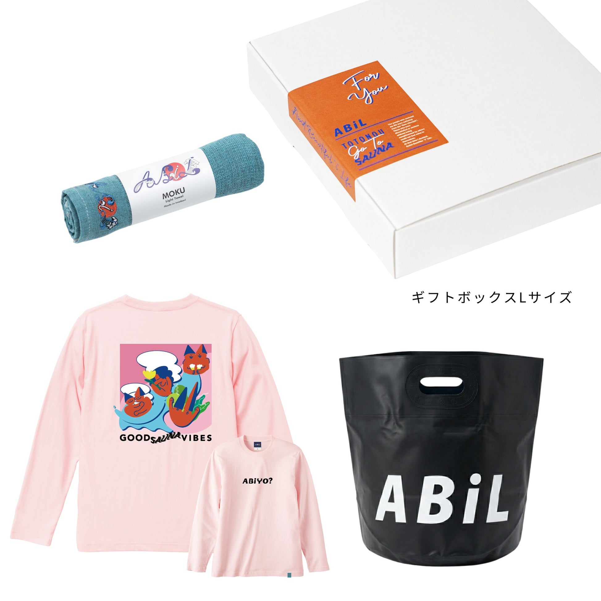 ABiL Sauna Gift ABiYO? L/S Tee BabyPink MOKUタオル BlueGreen BOUSUI BAG Black ギフトセット
