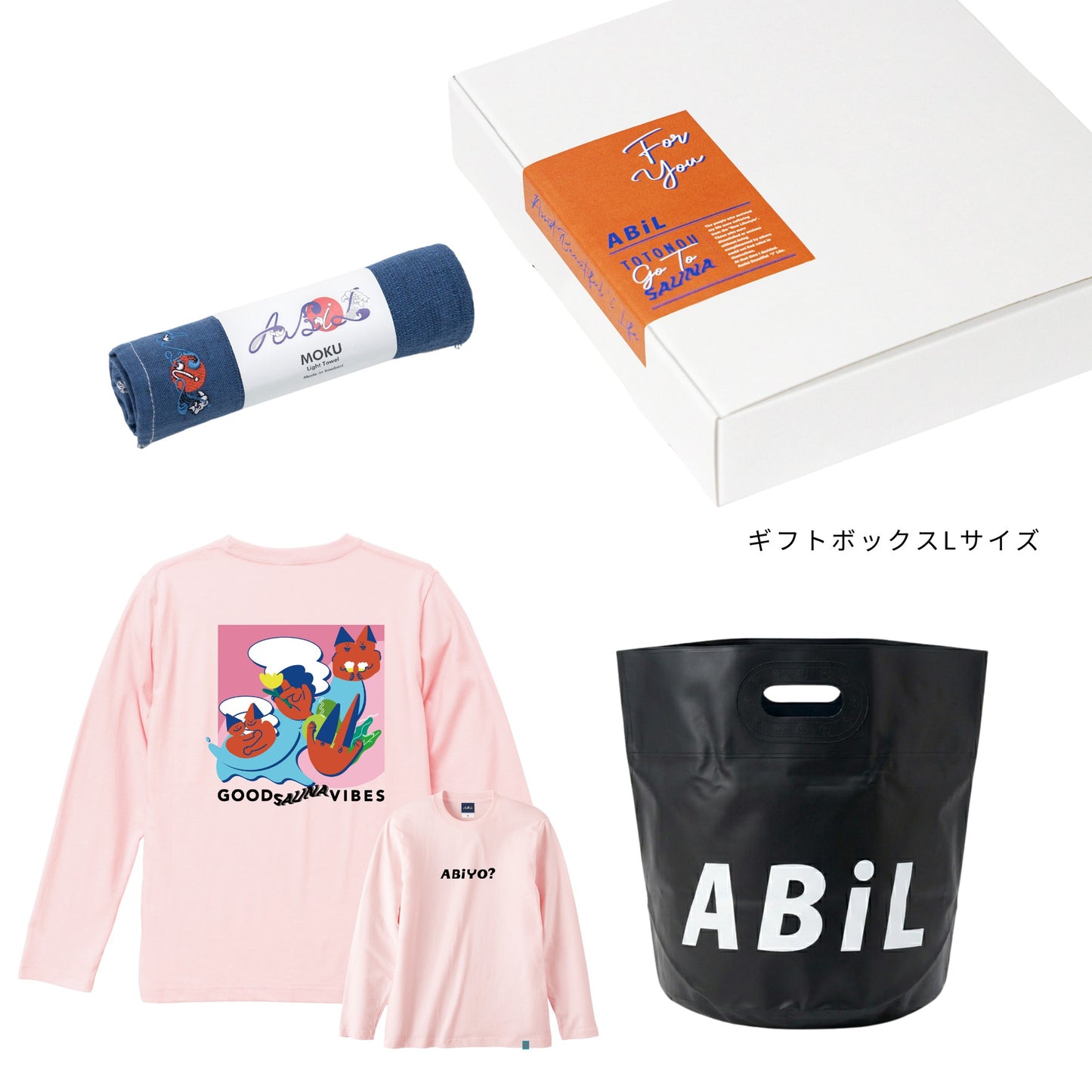 ABiL Sauna Gift ABiYO? L/S Tee BabyPink MOKUタオル Navy BOUSUI BAG Black ギフトセット