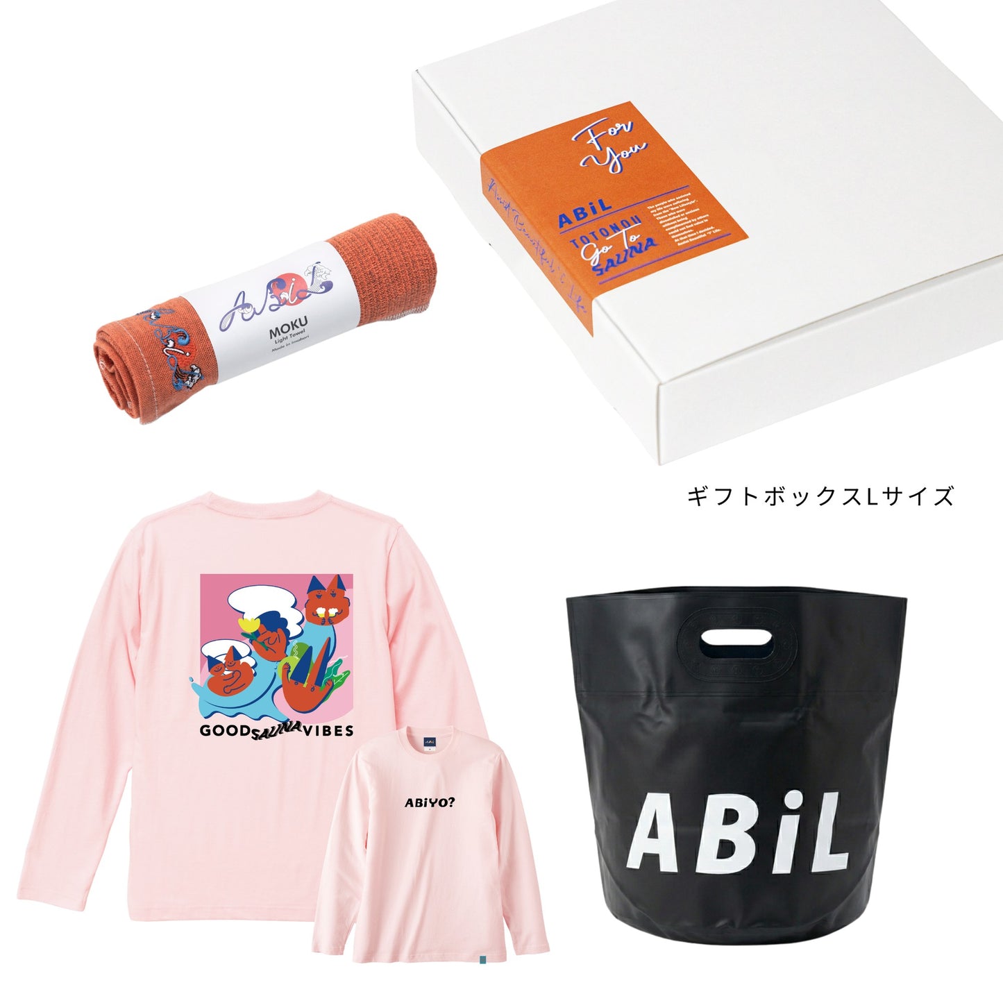 ABiL Sauna Gift ABiYO? L/S Tee BabyPink MOKUタオル Orange BOUSUI BAG Black ギフトセット