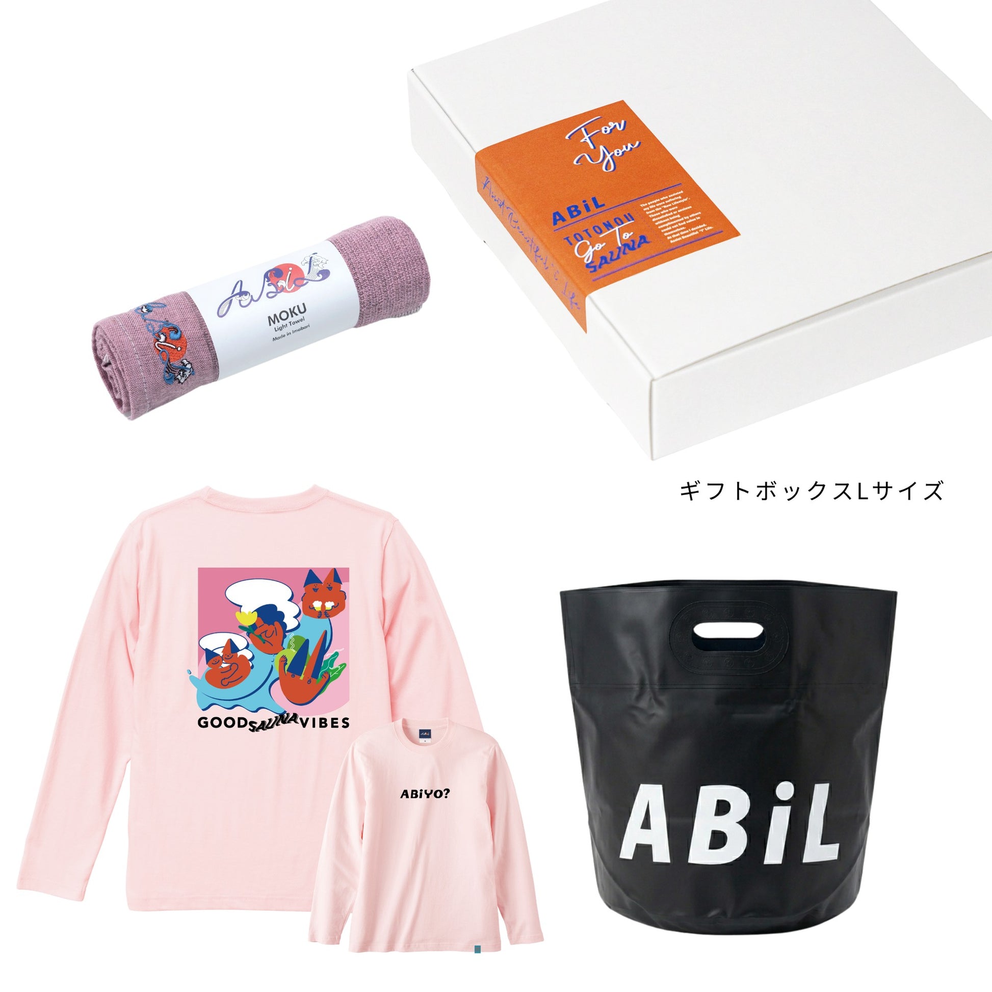 ABiL Sauna Gift ABiYO? L/S Tee BabyPink MOKUタオル Pink BOUSUI BAG Black ギフトセット
