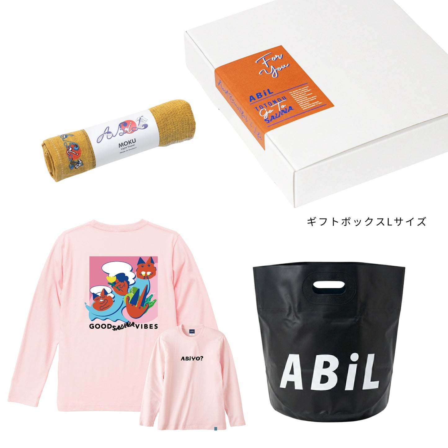ABiL Sauna Gift ABiYO? L/S Tee BabyPink MOKUタオル Yellow BOUSUI BAG Black ギフトセット