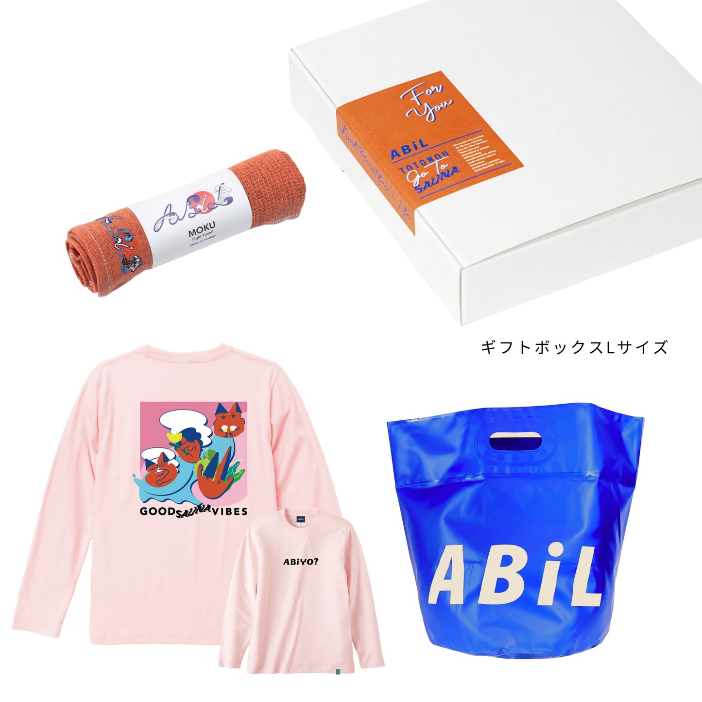 ABiL Sauna Gift ABiYO? L/S Tee BabyPink MOKUタオル Orange BOUSUI BAG Blue ギフトセット
