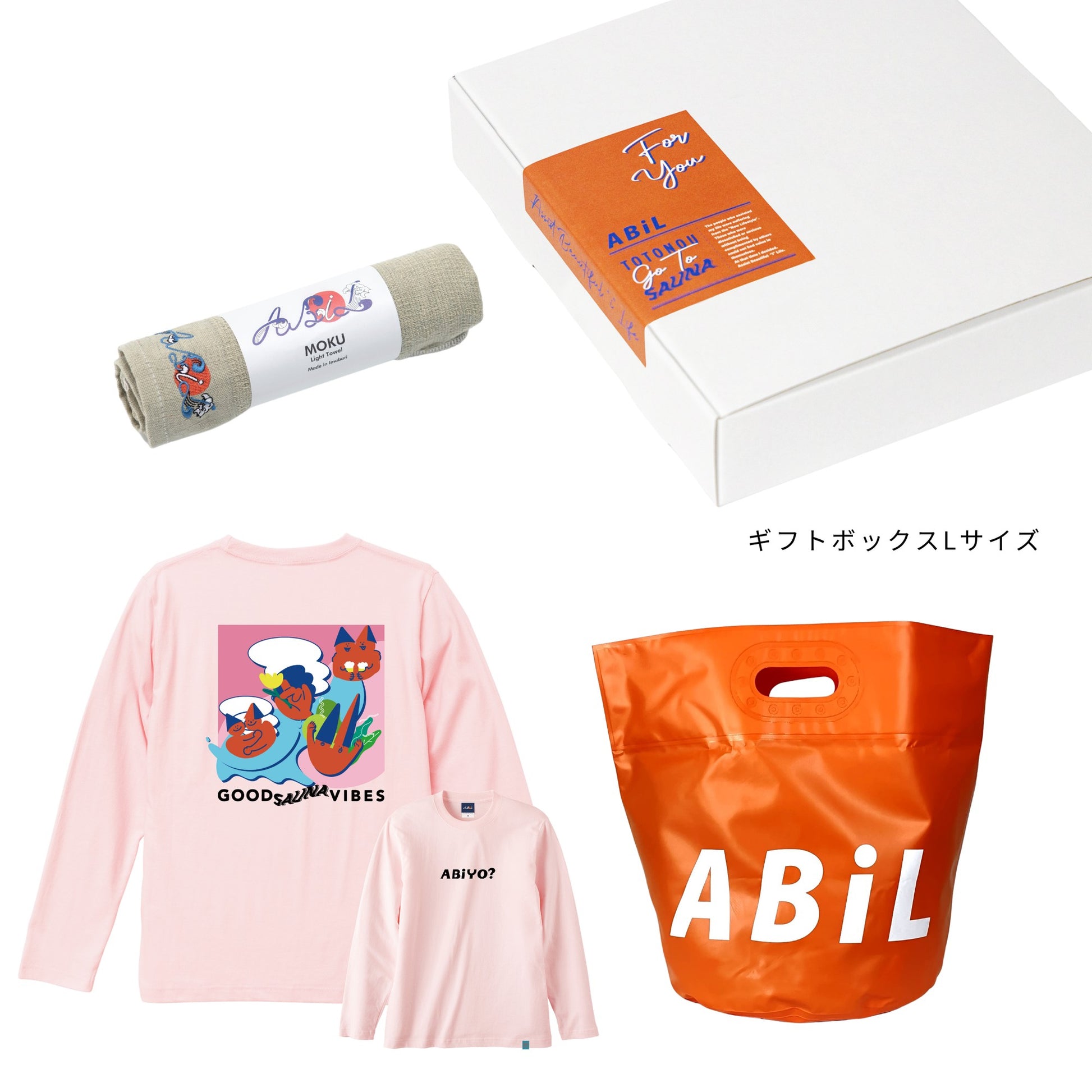 ABiL Sauna Gift ABiYO? L/S Tee BabyPink MOKUタオル Khaki BOUSUI BAG Orange ギフトセット