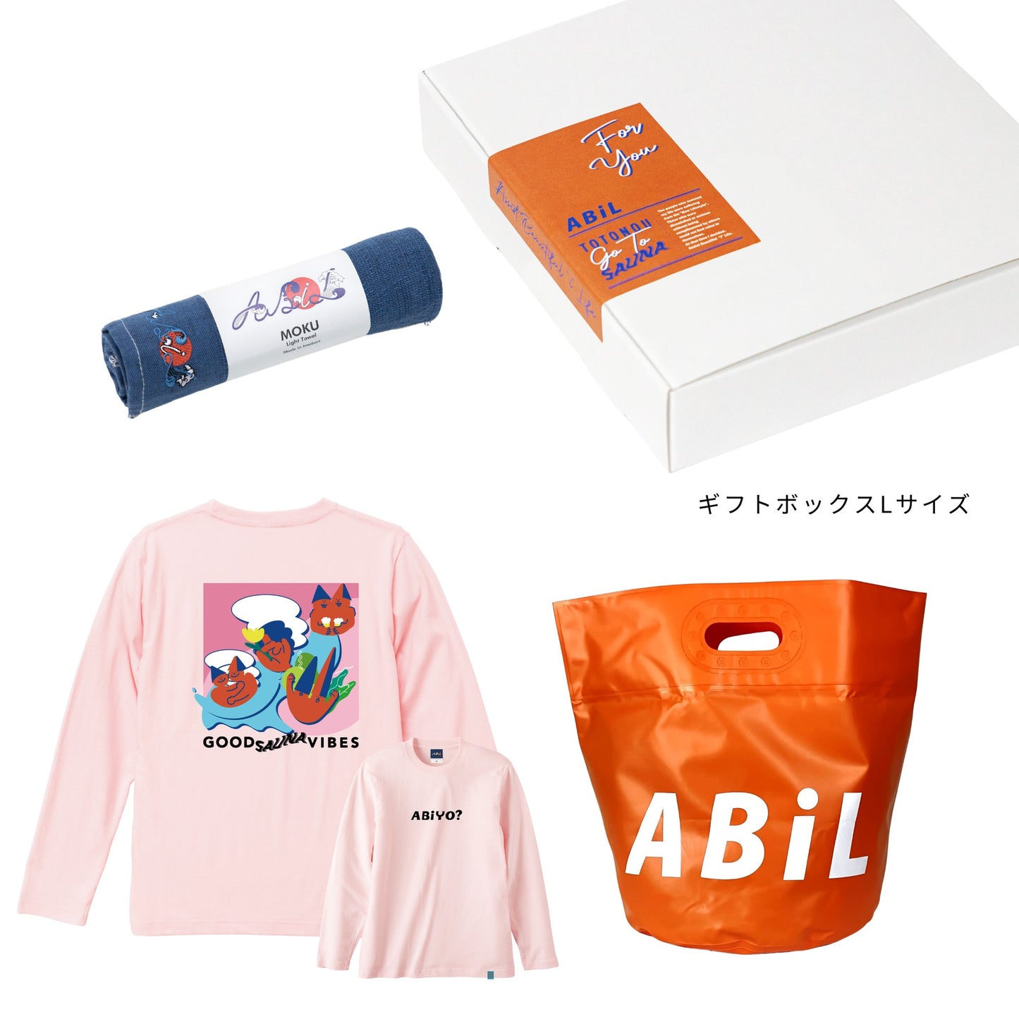 ABiL Sauna Gift ABiYO? L/S Tee BabyPink MOKUタオル Navy BOUSUI BAG Orange ギフトセット
