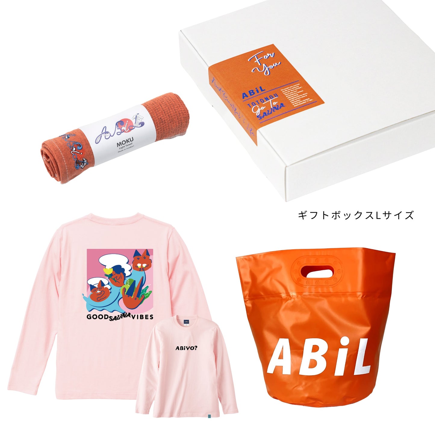 ABiL Sauna Gift ABiYO? L/S Tee BabyPink MOKUタオル Orange BOUSUI BAG Orange ギフトセット