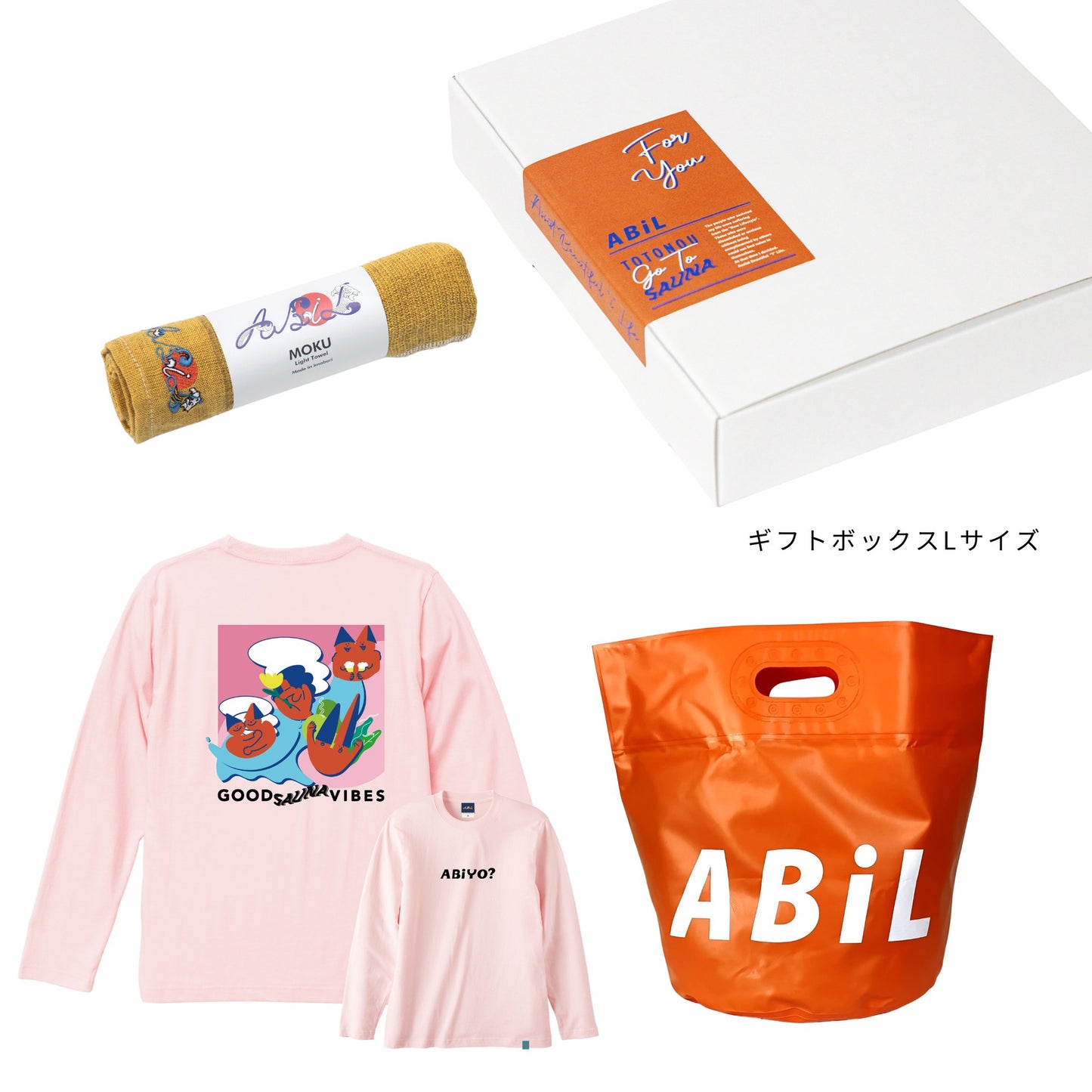 ABiL Sauna Gift ABiYO? L/S Tee BabyPink MOKUタオル Yellow BOUSUI BAG Orange ギフトセット