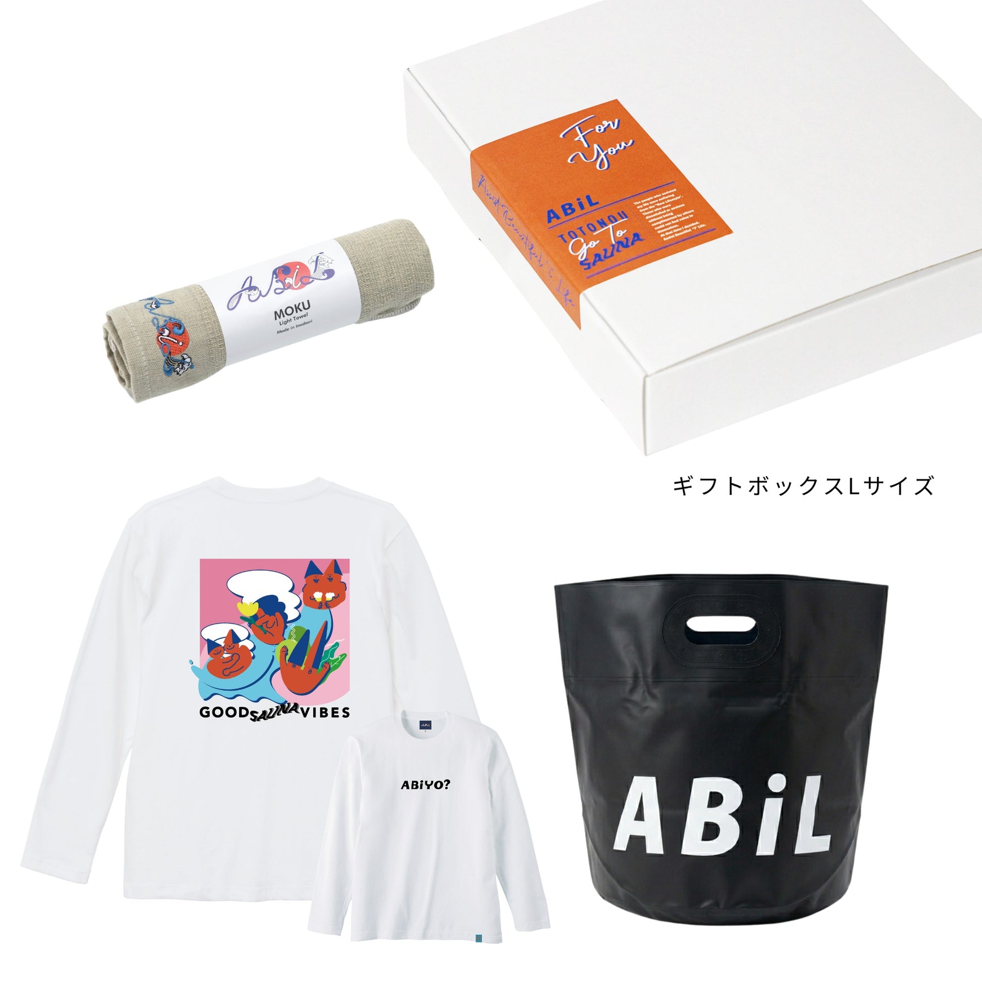 ABiL Sauna Gift ABiYO? L/S Tee White MOKUタオル Khaki BOUSUI BAG Black ギフトセット