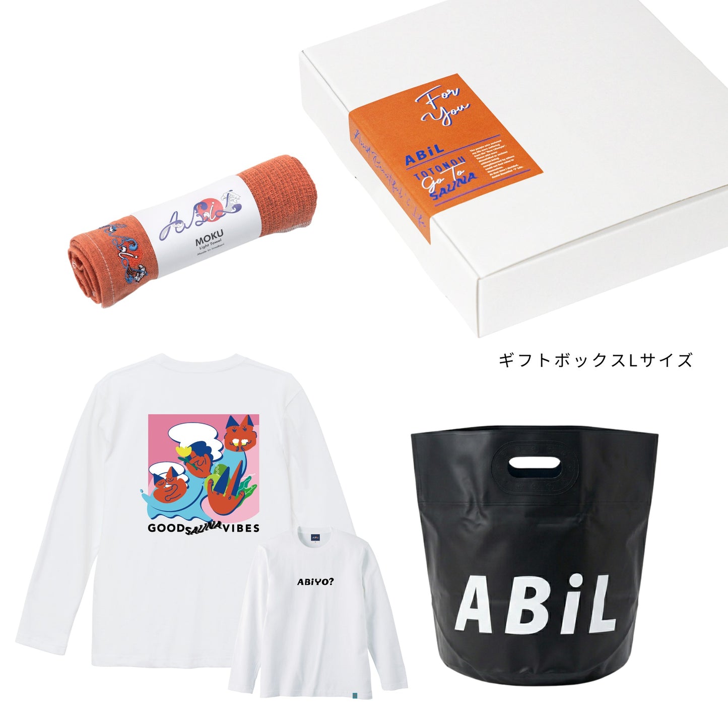 ABiL Sauna Gift ABiYO? L/S Tee White MOKUタオル Orange BOUSUI BAG Black ギフトセット