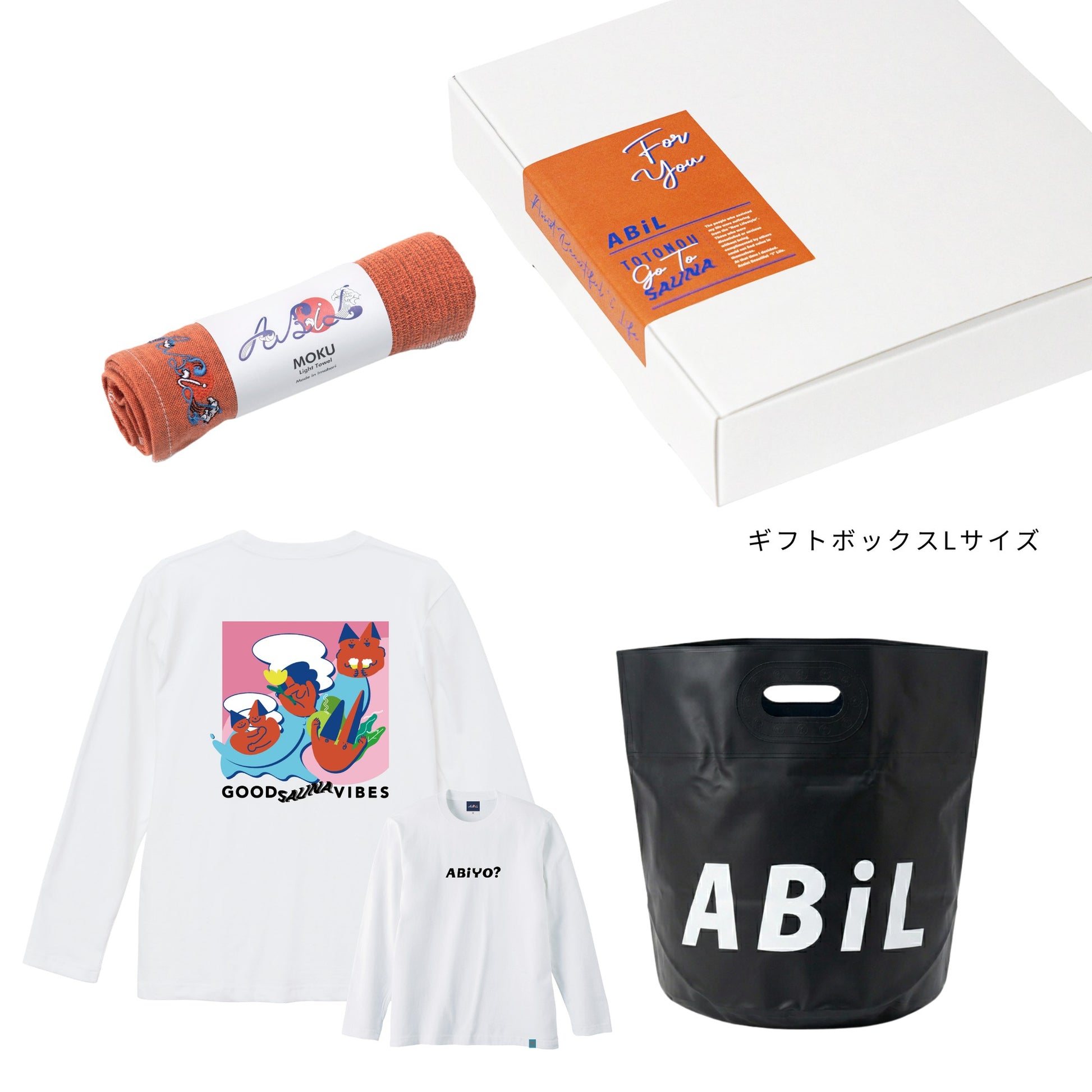 ABiL Sauna Gift ABiYO? L/S Tee White MOKUタオル Orange BOUSUI BAG Black ギフトセット