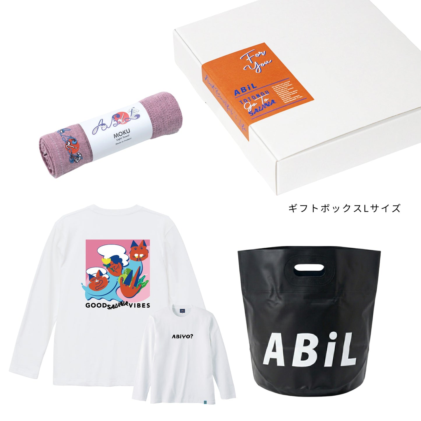 ABiL Sauna Gift ABiYO? L/S Tee White MOKUタオル Pink BOUSUI BAG Black ギフトセット