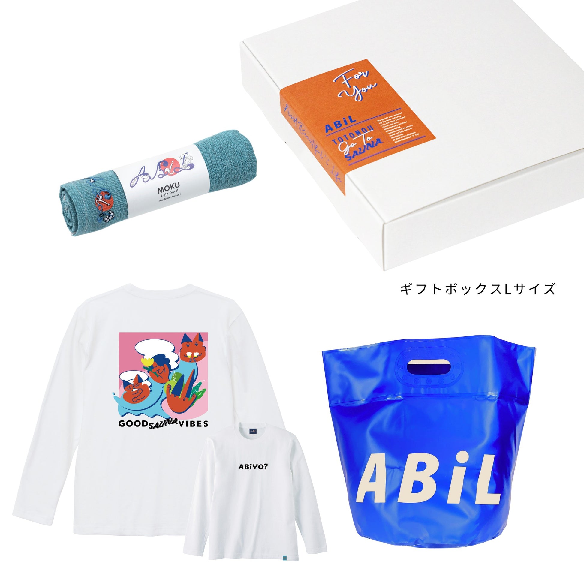 ABiL Sauna Gift ABiYO? L/S Tee White MOKUタオル BlueGreen BOUSUI BAG Blue ギフトセット