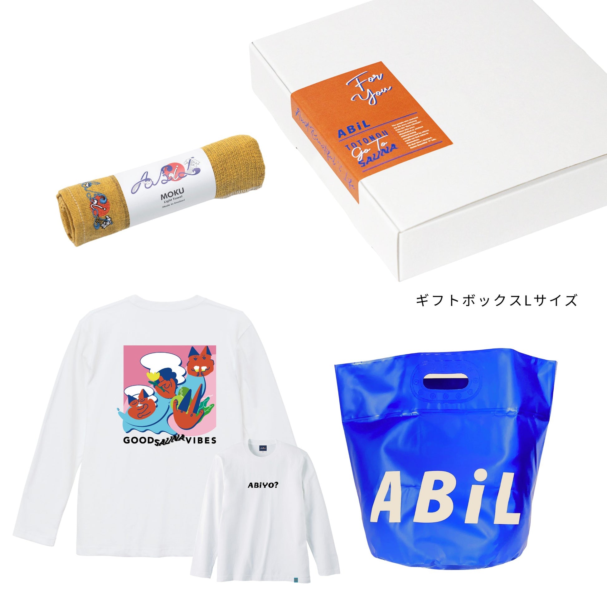 ABiL Sauna Gift ABiYO? L/S Tee White MOKUタオル Yellow BOUSUI BAG Blue ギフトセット
