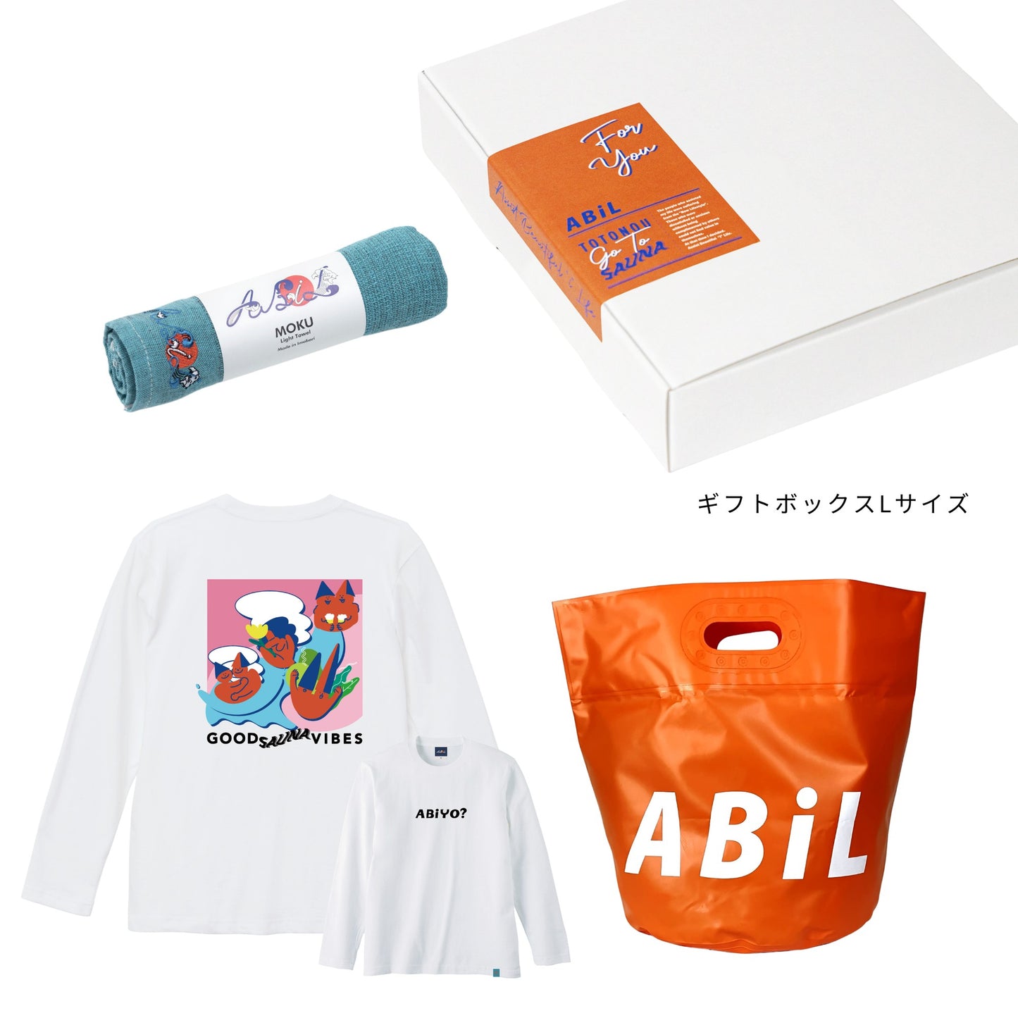 ABiL Sauna Gift ABiYO? L/S Tee White MOKUタオル BlueGreen BOUSUI BAG Orange ギフトセット