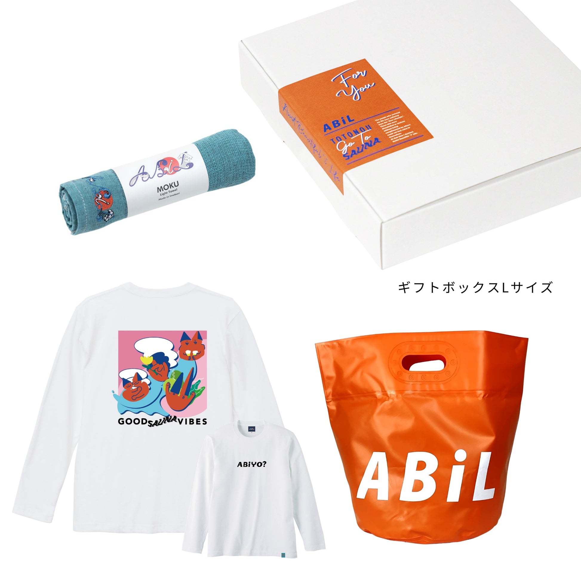ABiL Sauna Gift ABiYO? L/S Tee White MOKUタオル BlueGreen BOUSUI BAG Orange ギフトセット