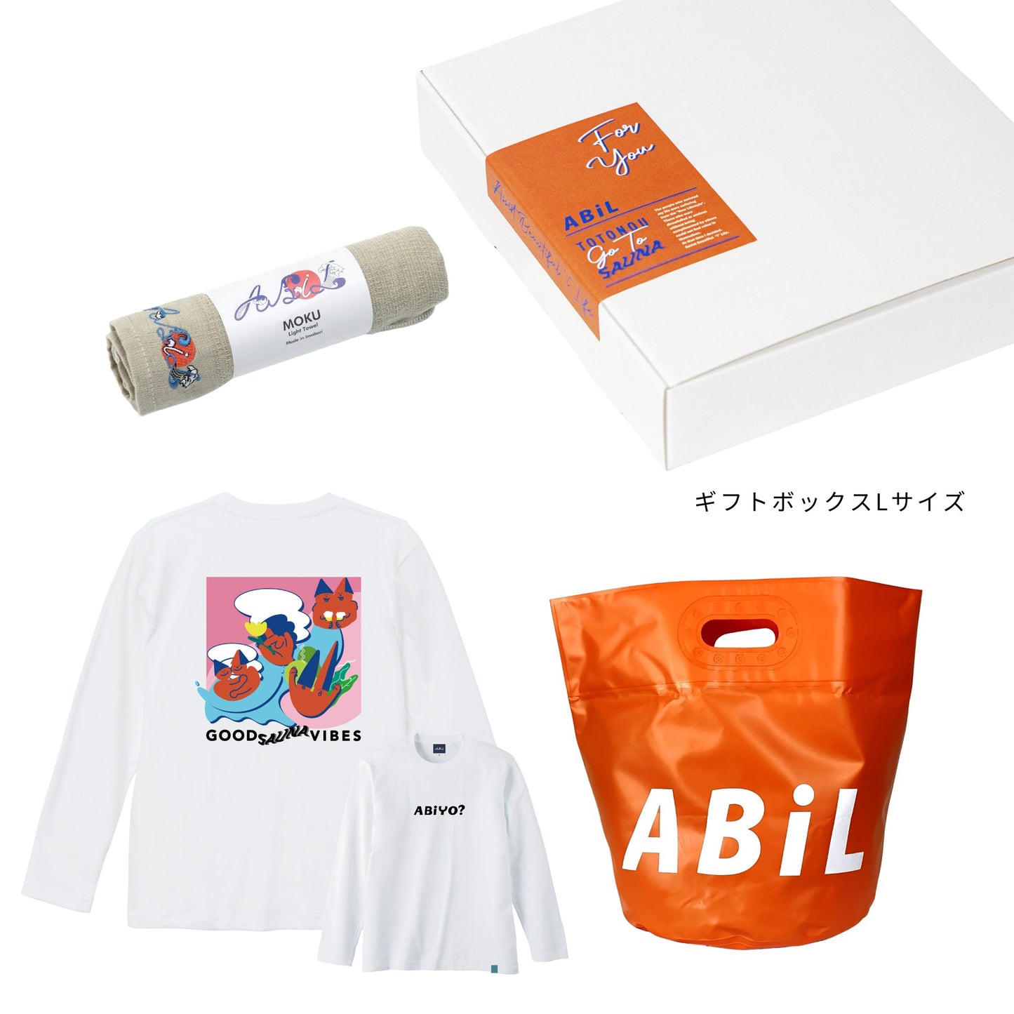 ABiL Sauna Gift ABiYO? L/S Tee White MOKUタオル Khaki BOUSUI BAG Orange ギフトセット
