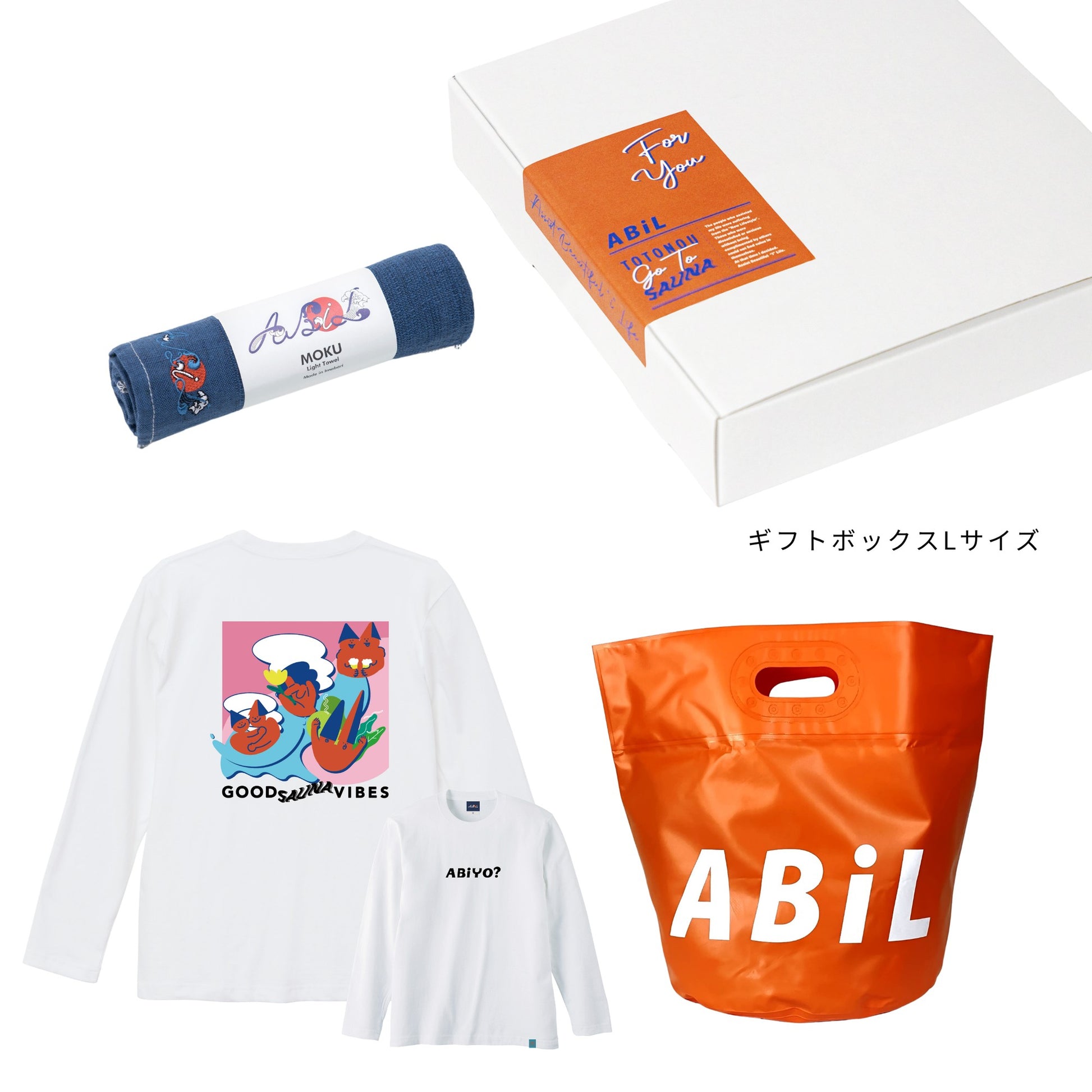 ABiL Sauna Gift ABiYO? L/S Tee White MOKUタオル Navy BOUSUI BAG Orange ギフトセット