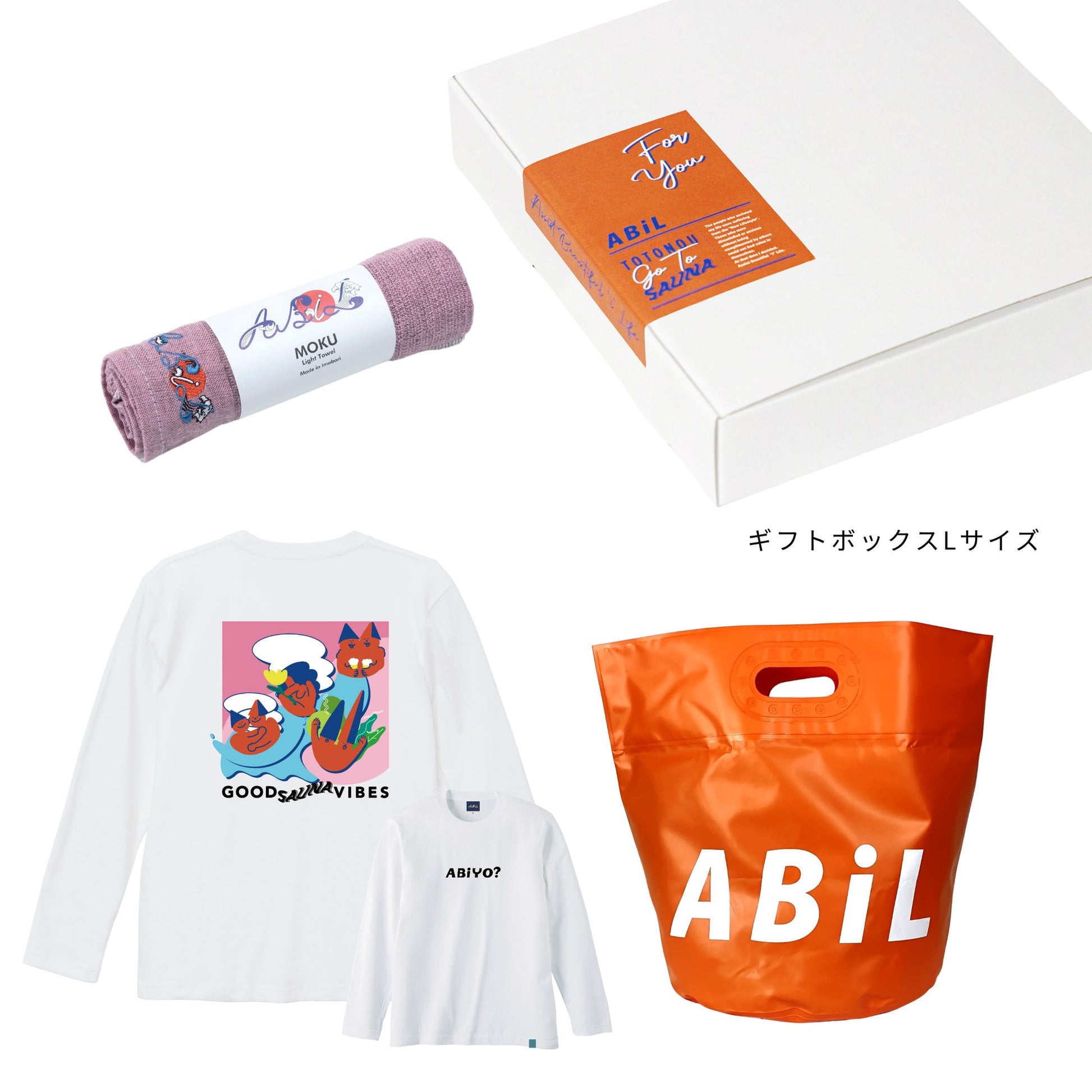 ABiL Sauna Gift ABiYO? L/S Tee White MOKUタオル Pink BOUSUI BAG Orange ギフトセット