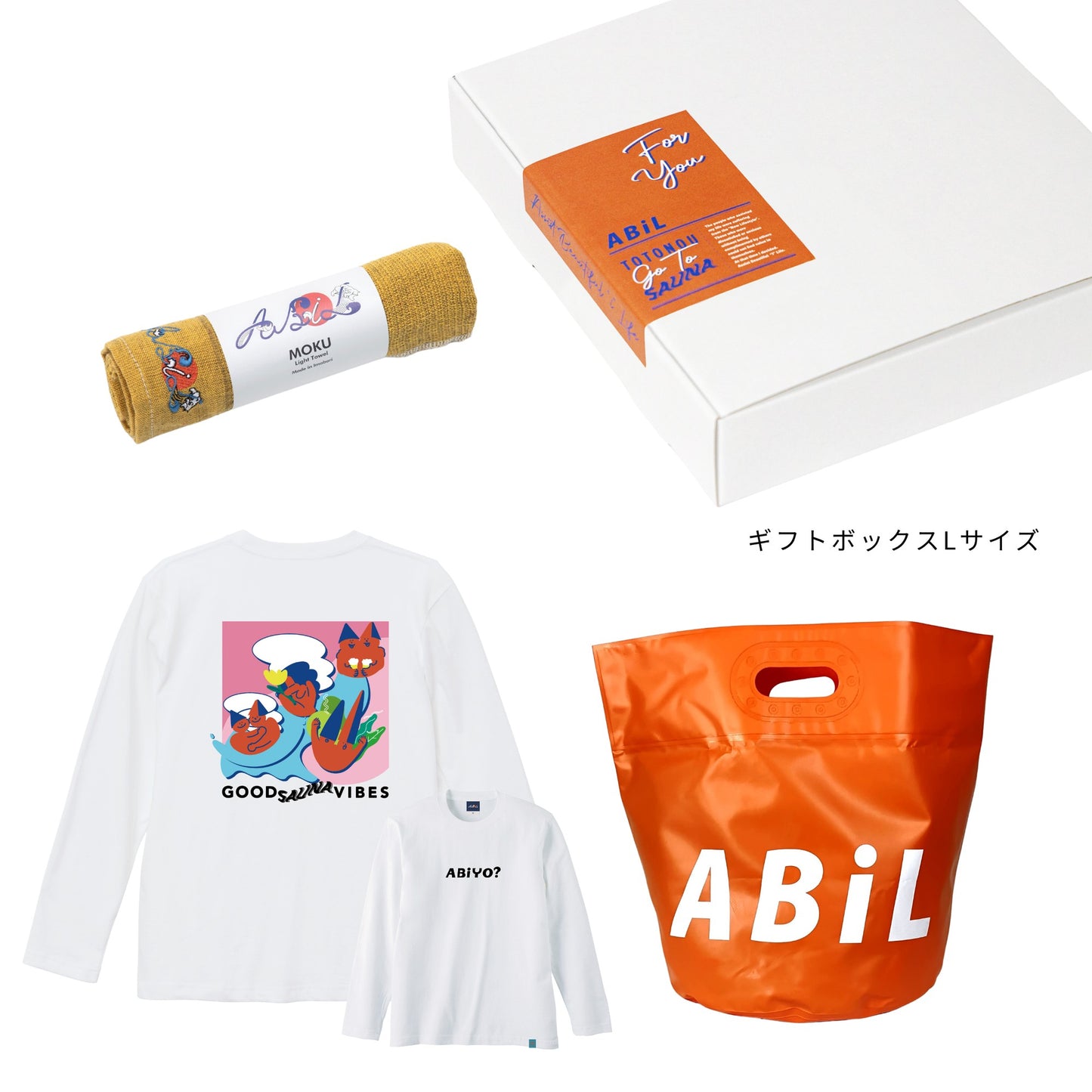 ABiL Sauna Gift ABiYO? L/S Tee White MOKUタオル Yellow BOUSUI BAG Orange ギフトセット