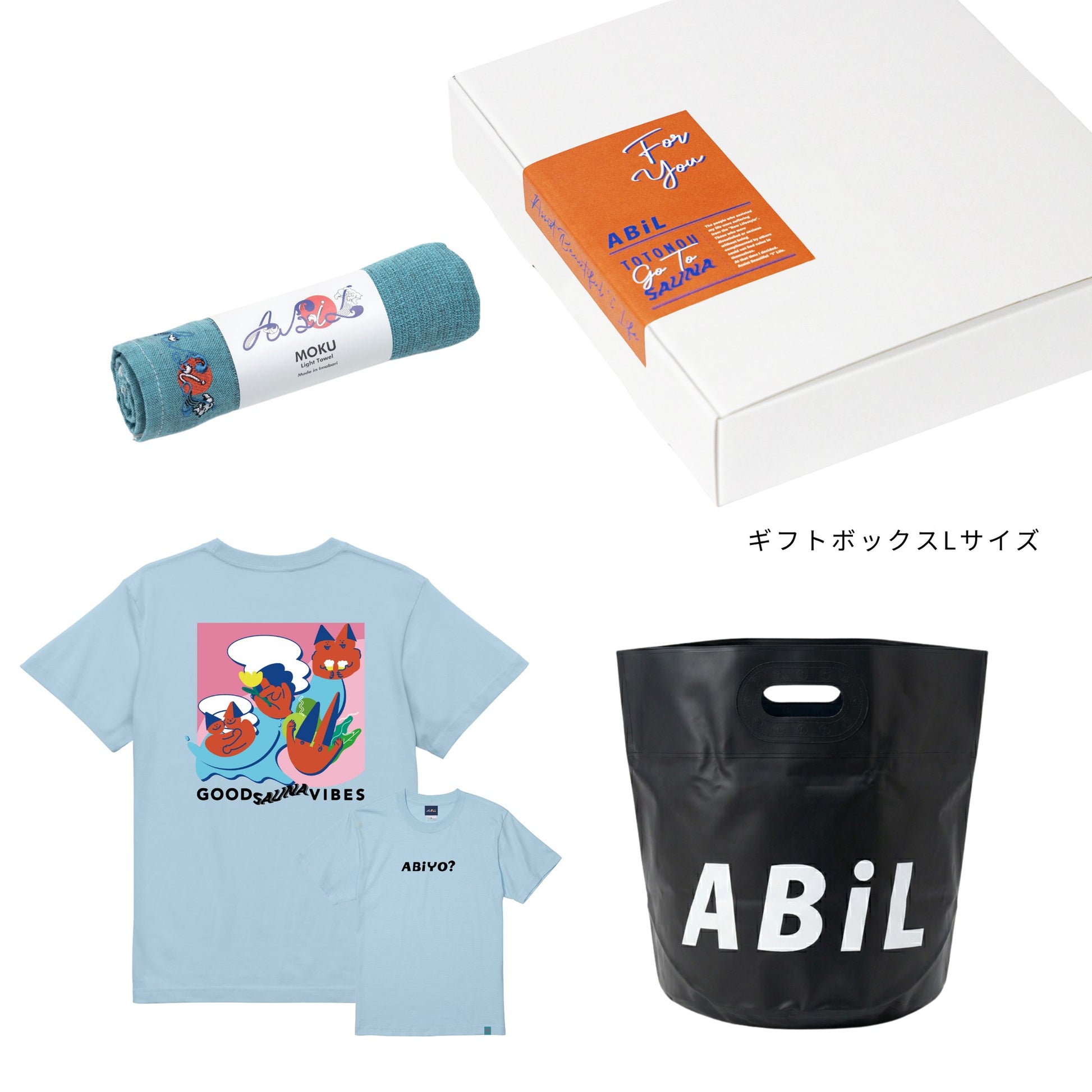 ABiL Sauna Gift ABiYO? S/S Tee LightBlue MOKUタオル BlueGreen BOUSUI BAG Black ギフトセット
