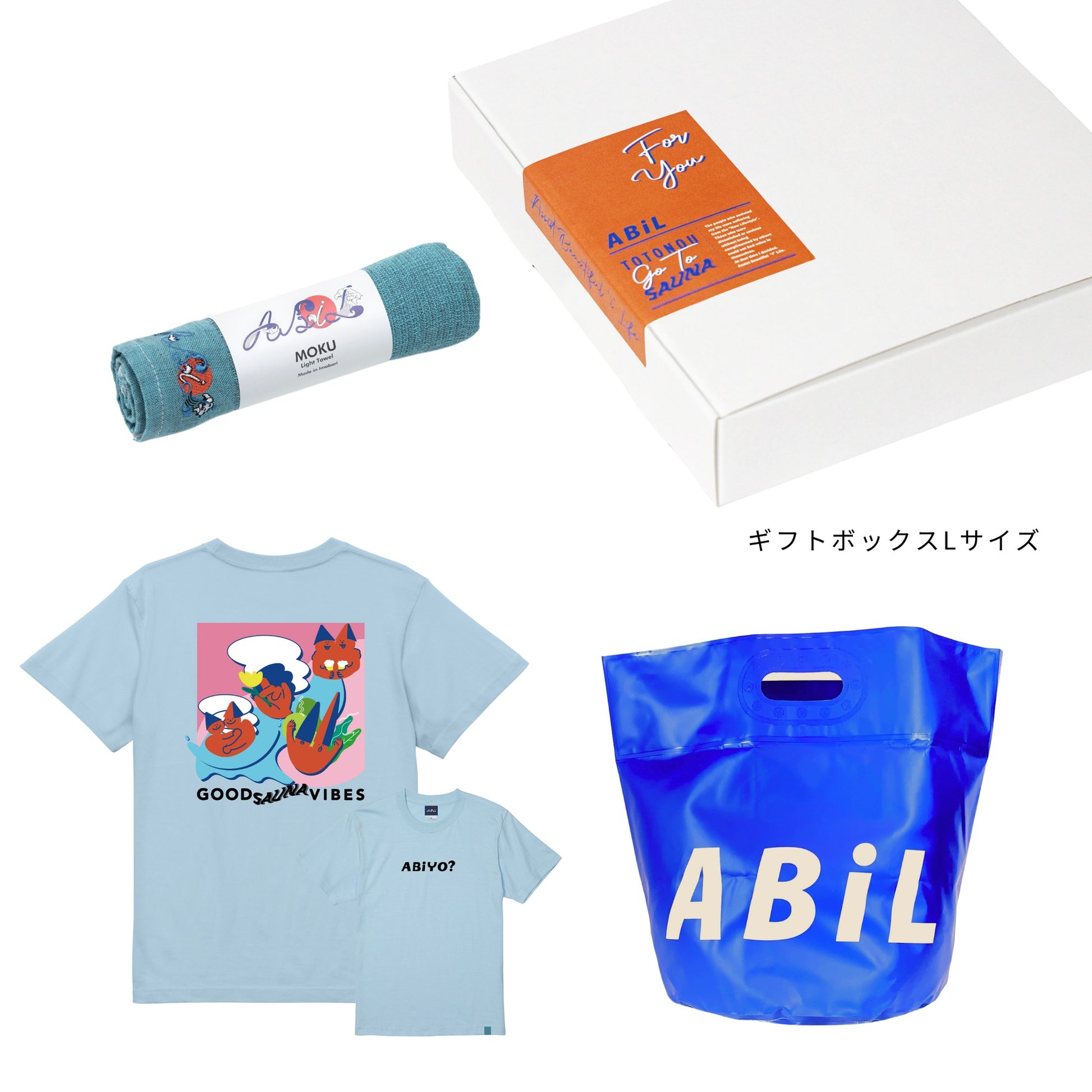 ABiL Sauna Gift ABiYO? S/S Tee LightBlue MOKUタオル BlueGreen BOUSUI BAG Blue ギフトセット