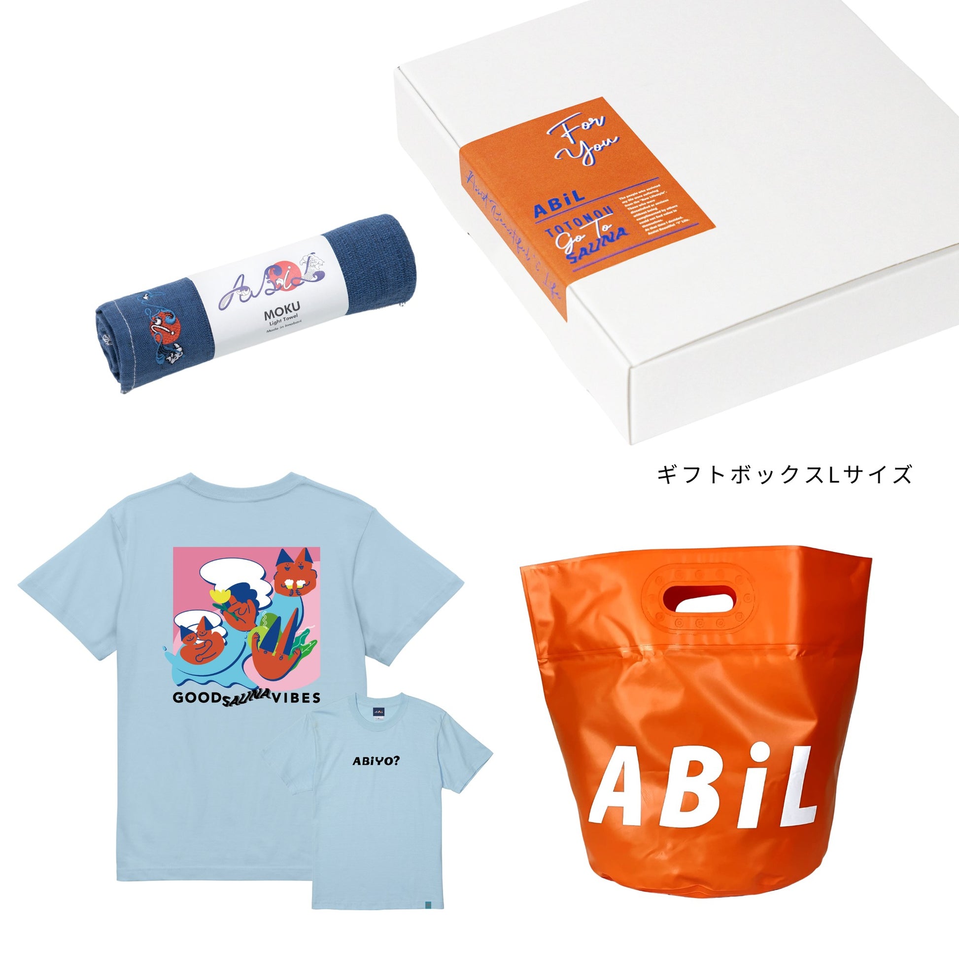 ABiL Sauna Gift ABiYO? S/S Tee LightBlue MOKUタオル Navy BOUSUI BAG Orange ギフトセット