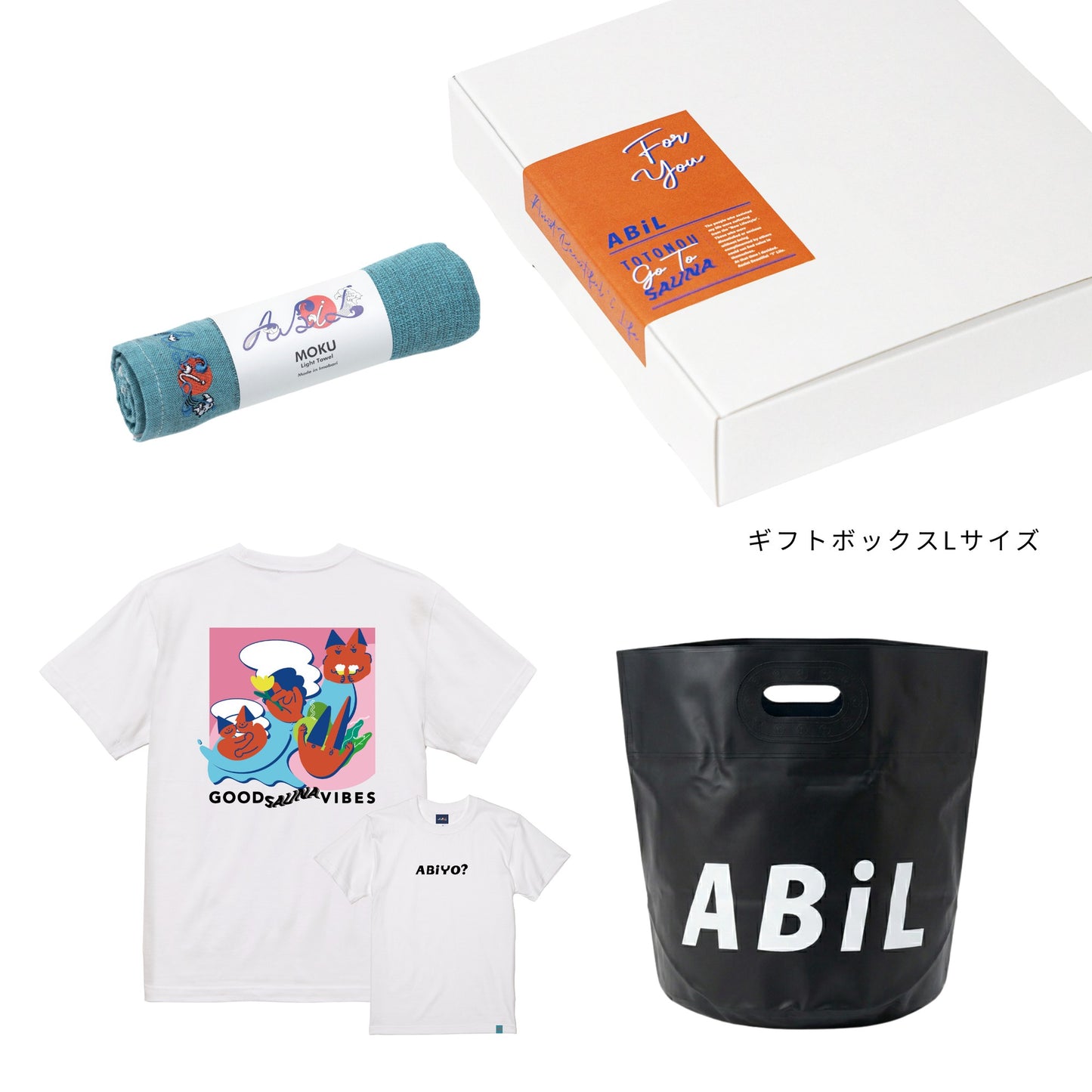 ABiL Sauna Gift ABiYO? S/S Tee White MOKUタオル BlueGreen BOUSUI BAG Black ギフトセット