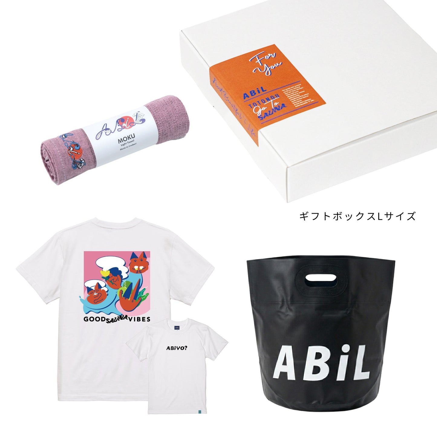 ABiL Sauna Gift ABiYO? S/S Tee White MOKUタオル Pink BOUSUI BAG Black ギフトセット