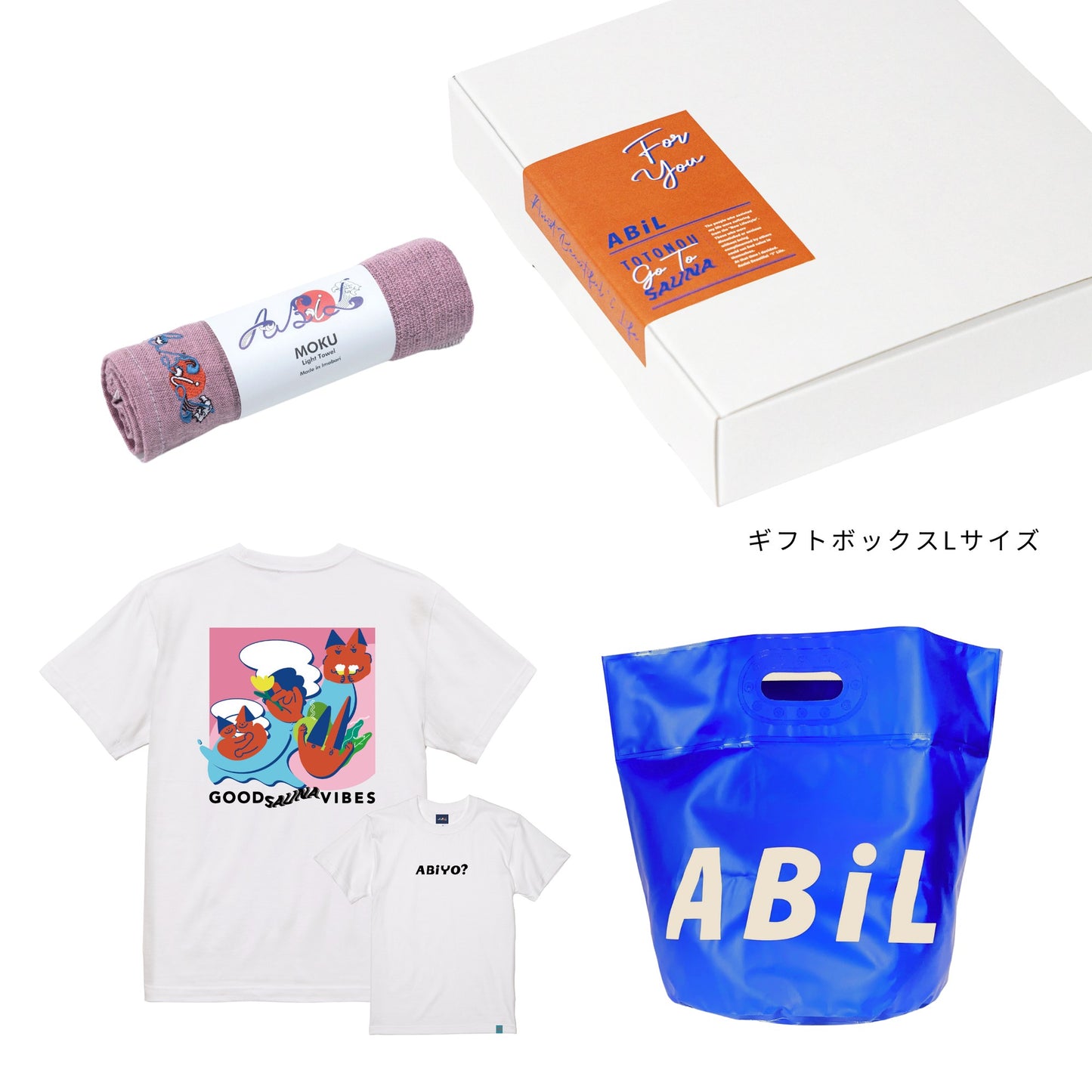 ABiL Sauna Gift ABiYO? S/S Tee White MOKUタオル Pink BOUSUI BAG Blue ギフトセット
