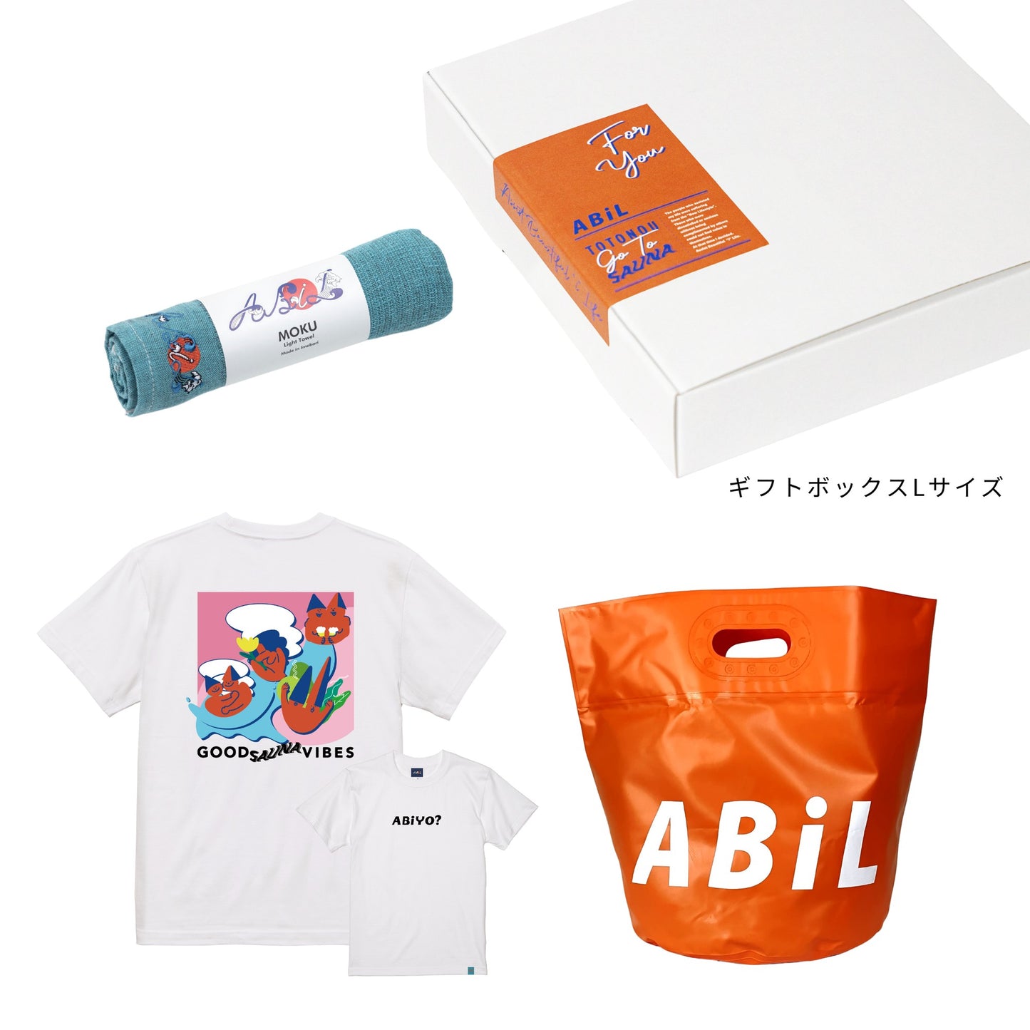 ABiL Sauna Gift ABiYO? S/S Tee White MOKUタオル BlueGreen BOUSUI BAG Orange ギフトセット
