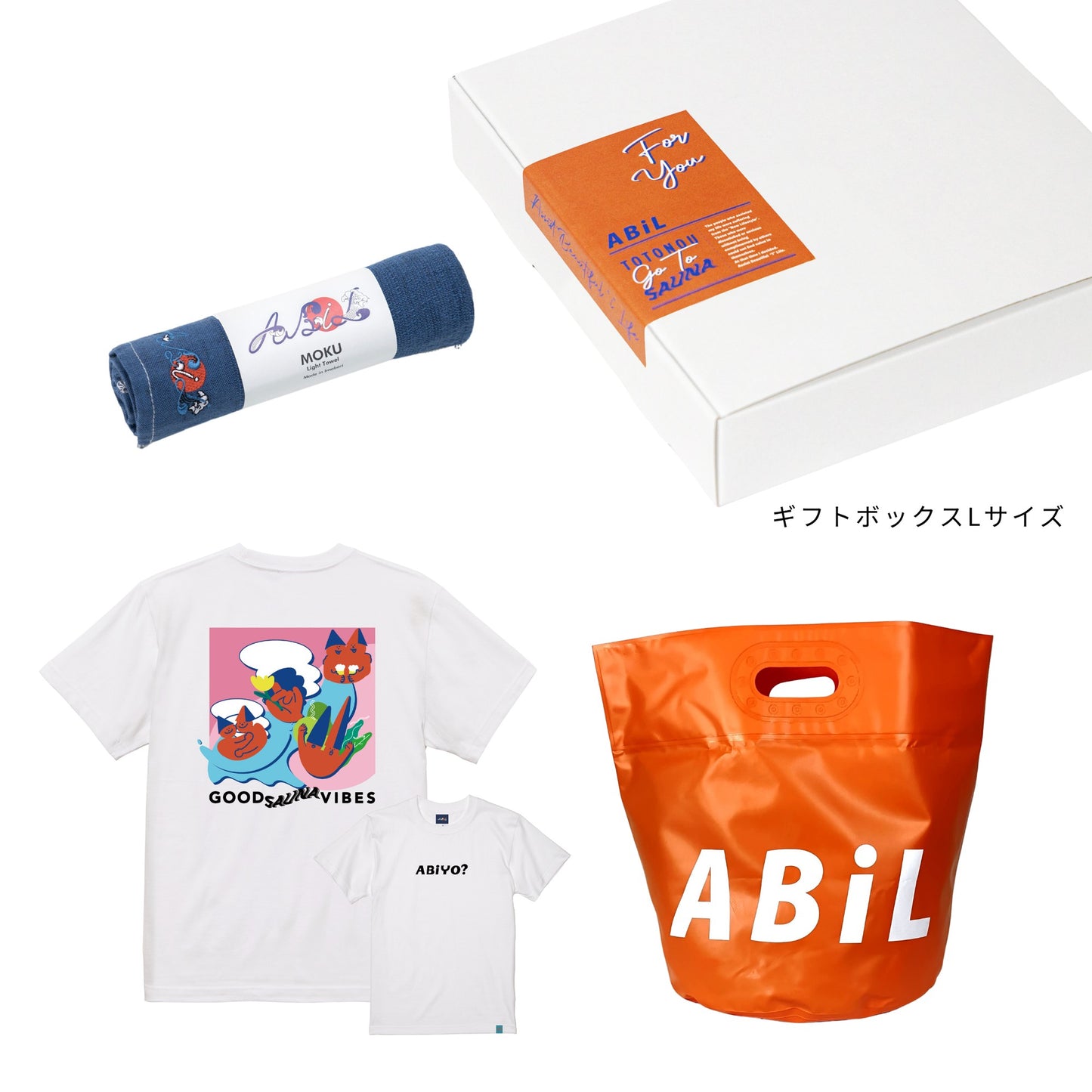 ABiL Sauna Gift ABiYO? S/S Tee White MOKUタオル Navy BOUSUI BAG Orange ギフトセット