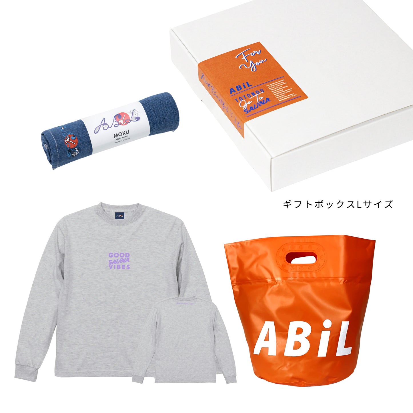 ABiL Sauna Gift GOOD SAUNA VIBES L/S Tee Ash MOKUタオル Navy BOUSUI BAG Orange ギフトセット