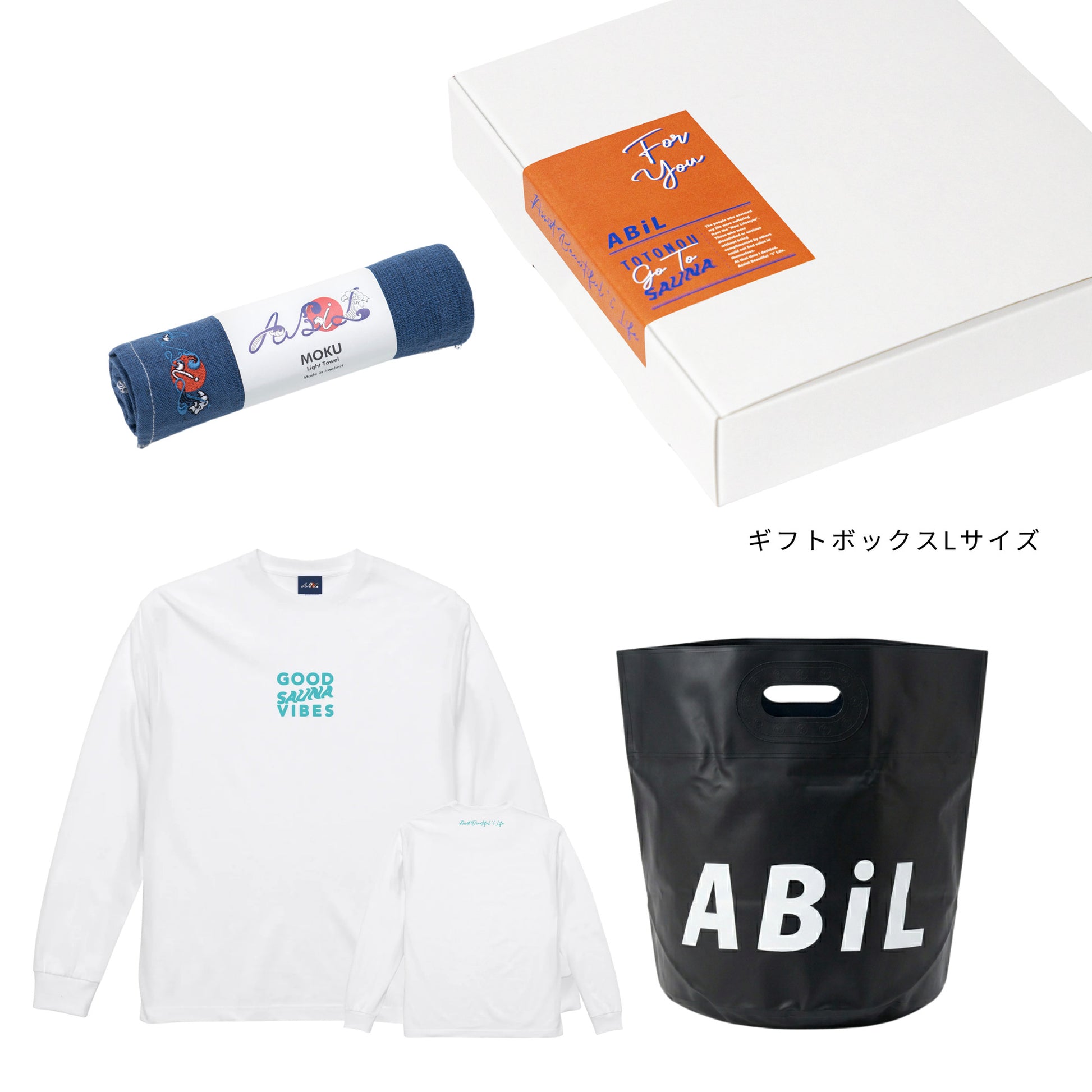 ABiL Sauna Gift GOOD SAUNA VIBES L/S Tee White MOKUタオル Navy BOUSUI BAG Black ギフトセット
