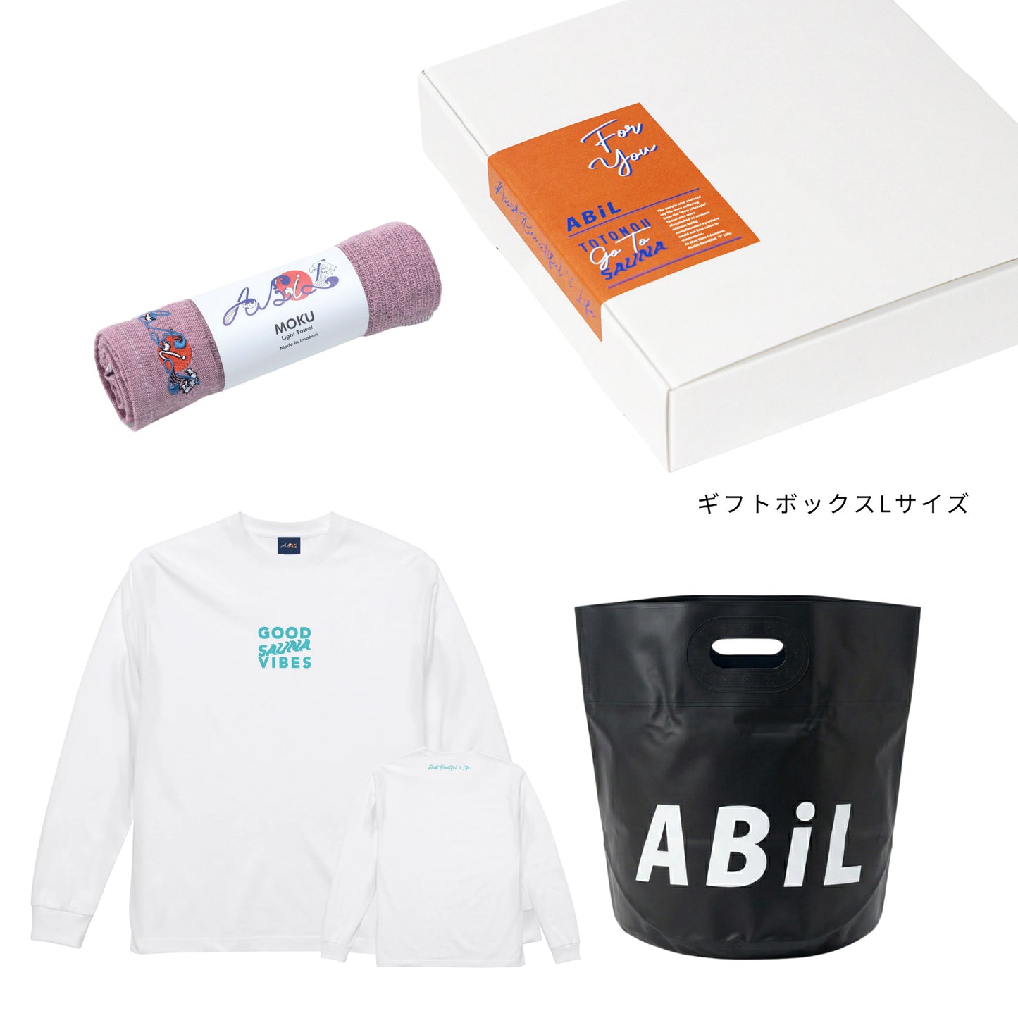 ABiL Sauna Gift GOOD SAUNA VIBES L/S Tee White MOKUタオル Pink BOUSUI BAG Black ギフトセット