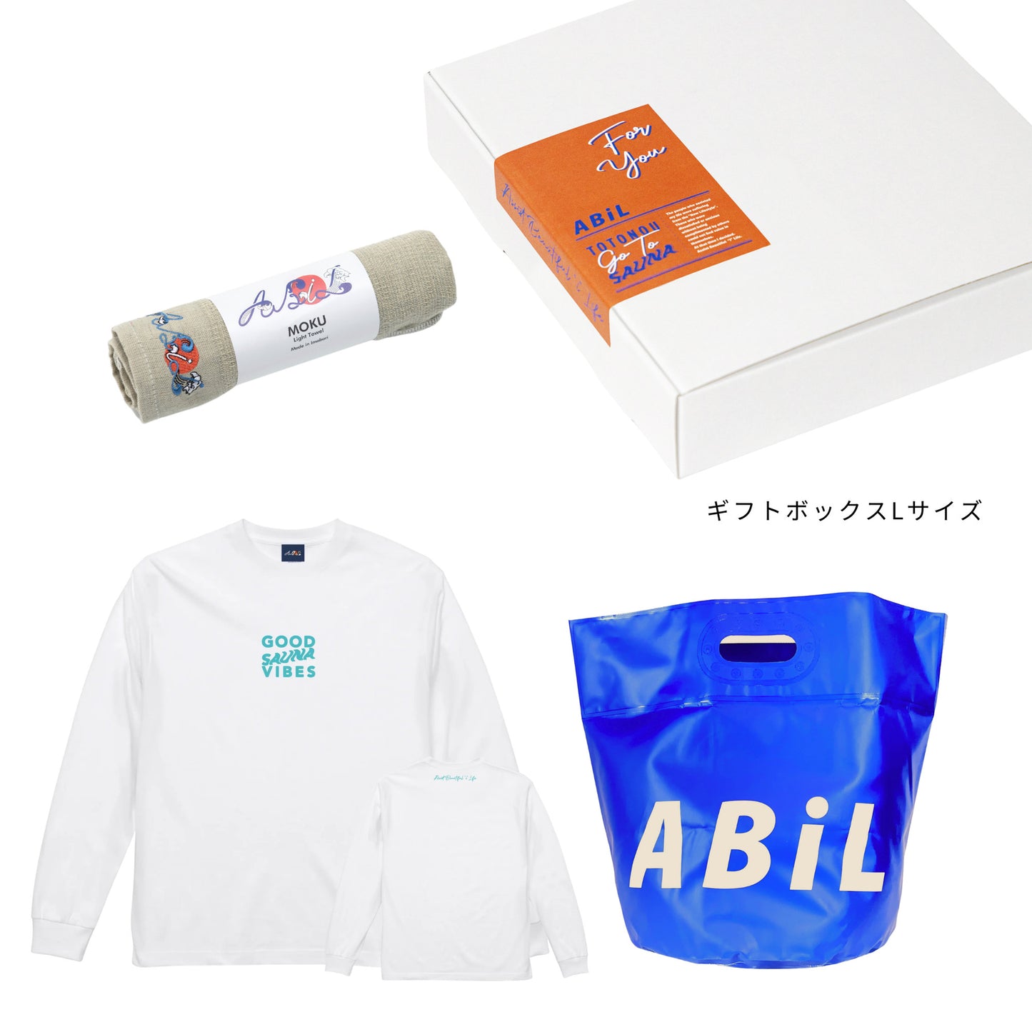 ABiL Sauna Gift GOOD SAUNA VIBES L/S Tee White MOKUタオル Khaki BOUSUI BAG Blue ギフトセット