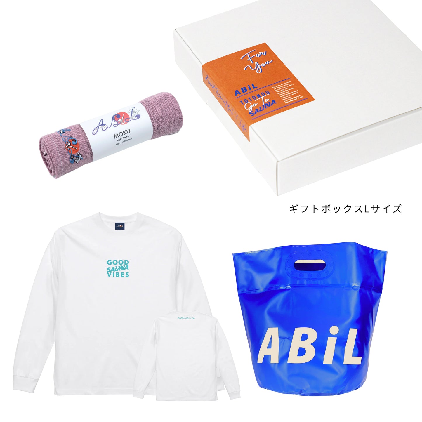 ABiL Sauna Gift GOOD SAUNA VIBES L/S Tee White MOKUタオル Pink BOUSUI BAG Blue ギフトセット