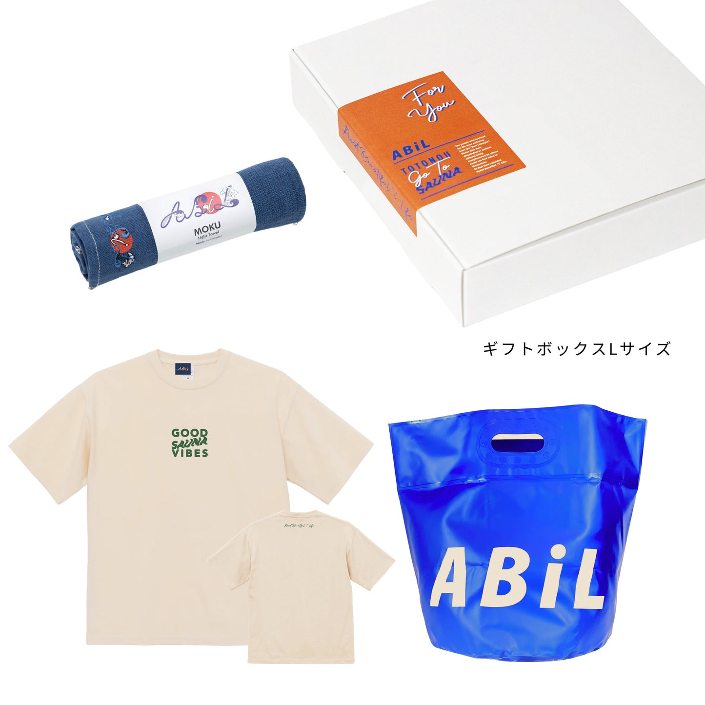 ABiL Sauna Gift GOOD SAUNA VIBES S/S Tee VintageNatural MOKUタオル Navy BOUSUI BAG Blue ギフトセット