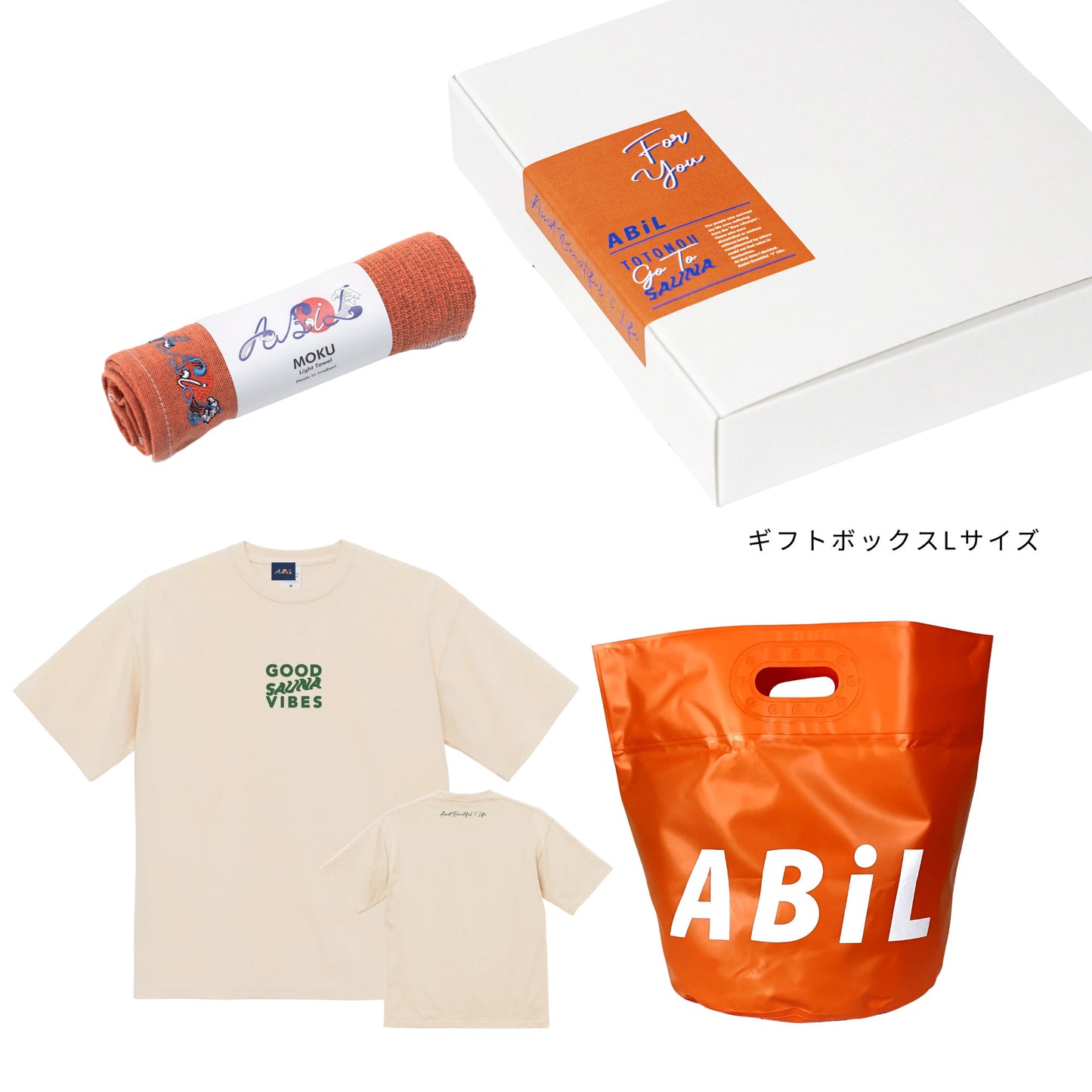 ABiL Sauna Gift GOOD SAUNA VIBES S/S Tee VintageNatural MOKUタオル Orange BOUSUI BAG Orange ギフトセット
