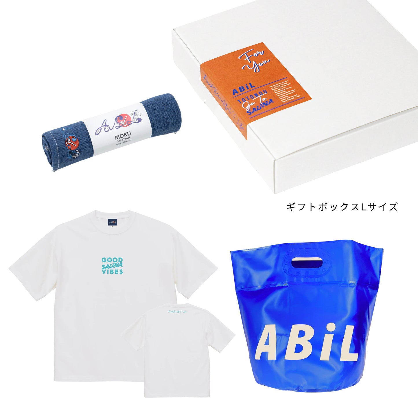 ABiL Sauna Gift GOOD SAUNA VIBES S/S Tee White MOKUタオル Navy BOUSUI BAG Blue ギフトセット