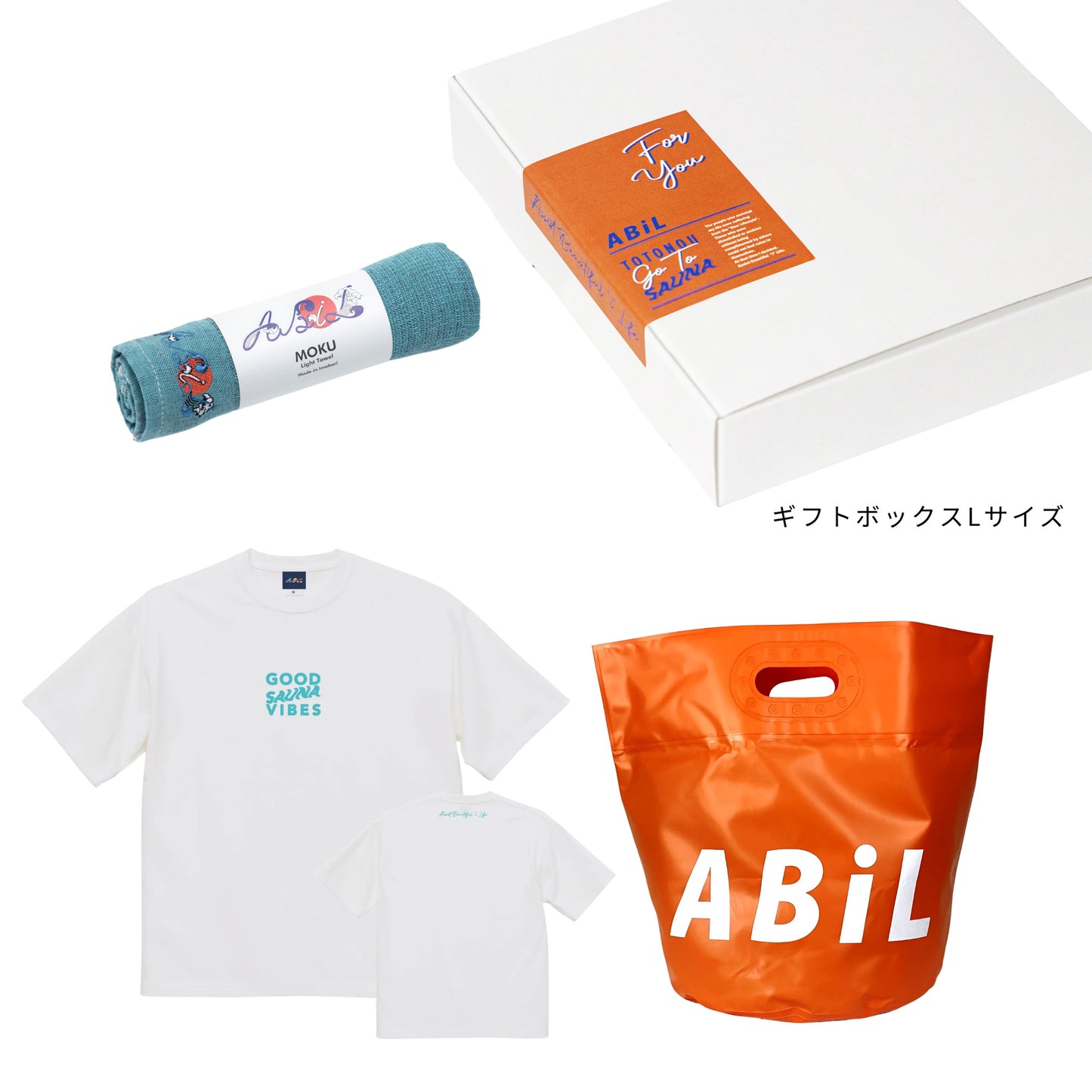 ABiL Sauna Gift GOOD SAUNA VIBES S/S Tee White MOKUタオル BlueGreen BOUSUI BAG Orange ギフトセット